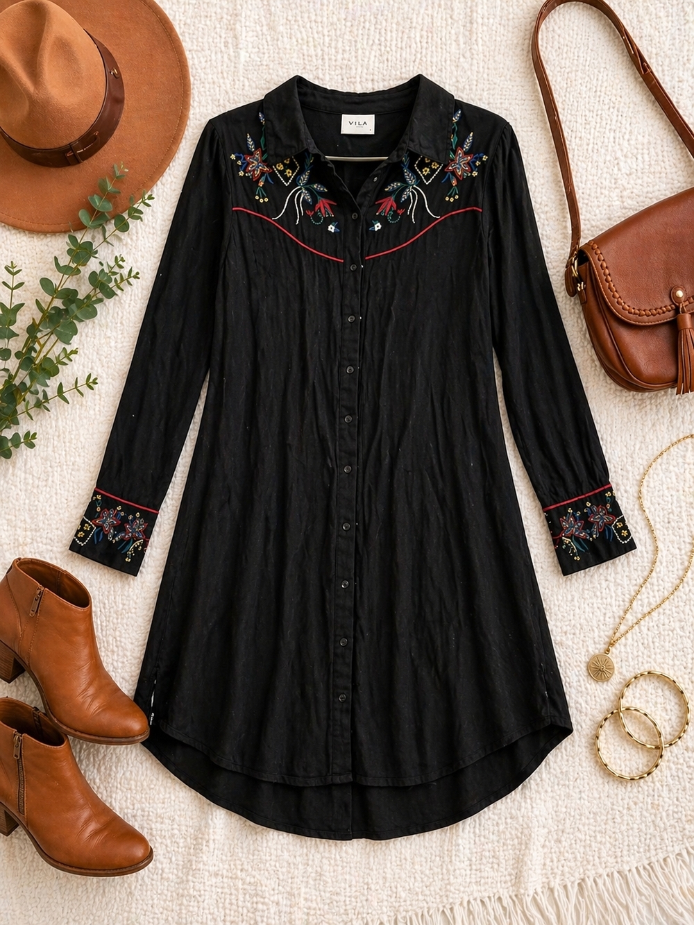 VILA Black Embroidered Button-Down Tunic Dress 38/M